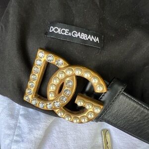 D&G women's pearl diamond belt black Dolce and Gabbana logo women's belt 75 cm